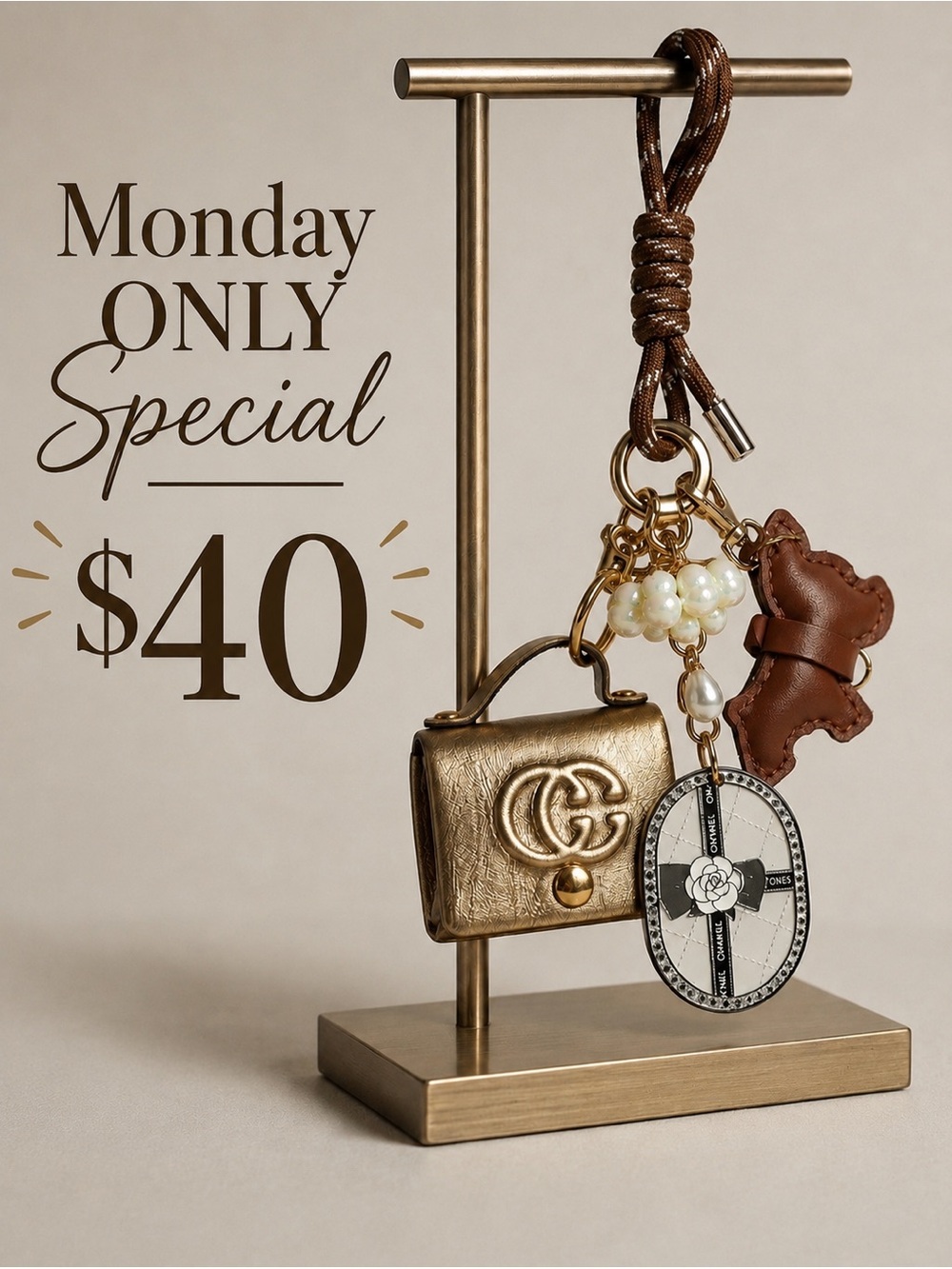Gold Mini GG Logo Bag Keychain with Brown Dog Charm & Pearl Accents